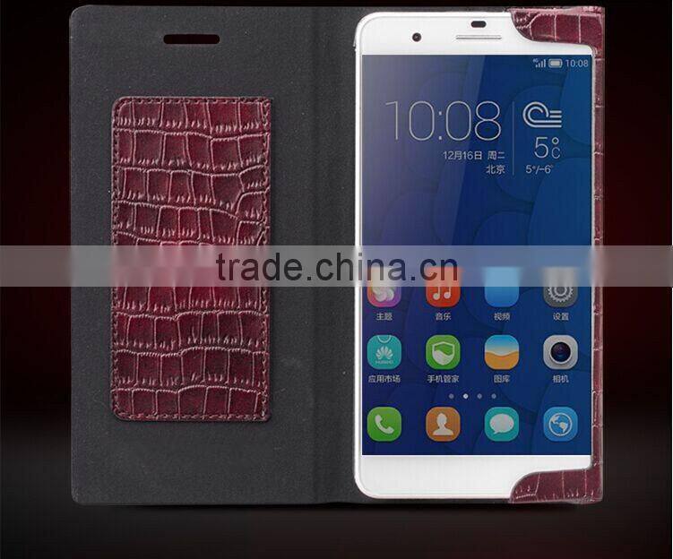 OEM manufacture crocodile pattern leather flip cover case for Huawei honor p6