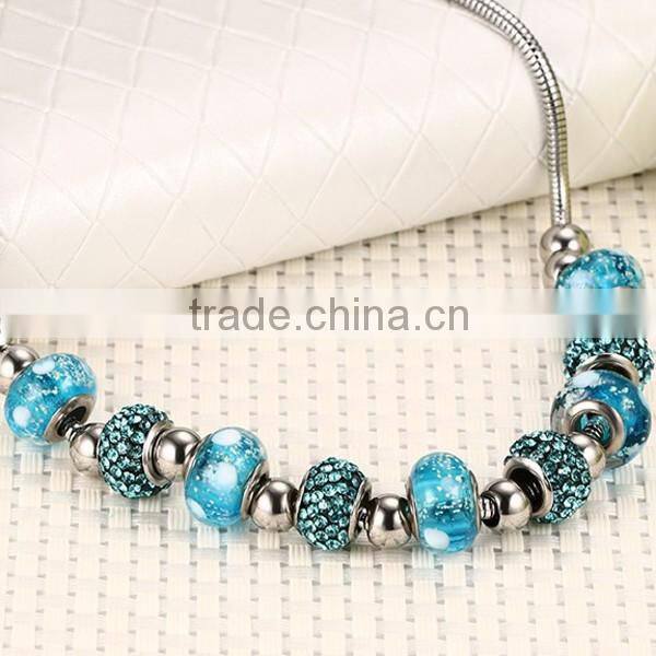 Fashion Women Blue Glass Stainless Steel Necklace And Bracelet Jewelry Sets
