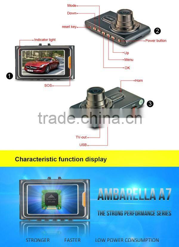 Ambarella A7 car dashboard camera with 170 degree