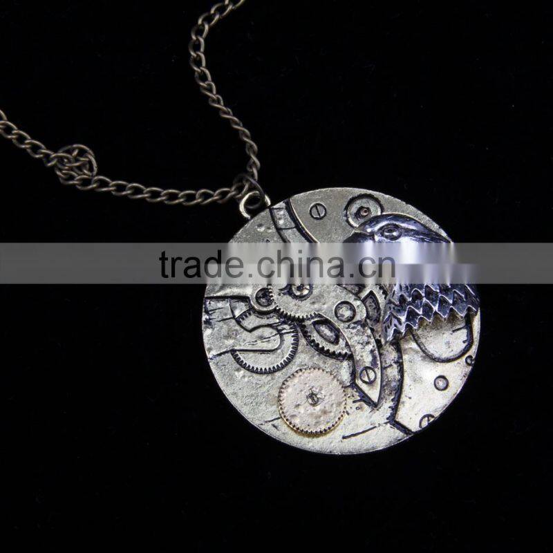 New arrival steampunk round cameo shape eagle head gear steam pendant statement necklace 2015 yiwu fashion jewelry hot sale