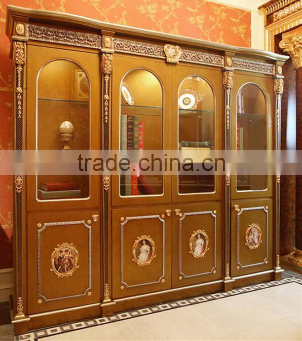 Luxury French Louis XV Style Golden Stuy Room Bookcase/ Palace Fancy Wood Carved Display Cabinet/ Antique Glass Showcase