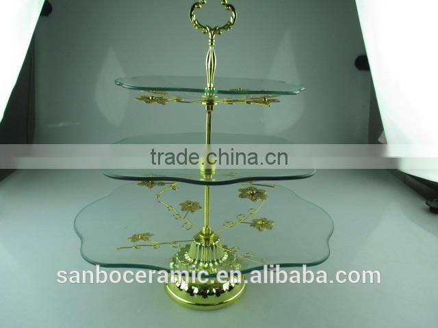 Wholesale glass cake stand, two tier golden glass cake stand with flower decoration