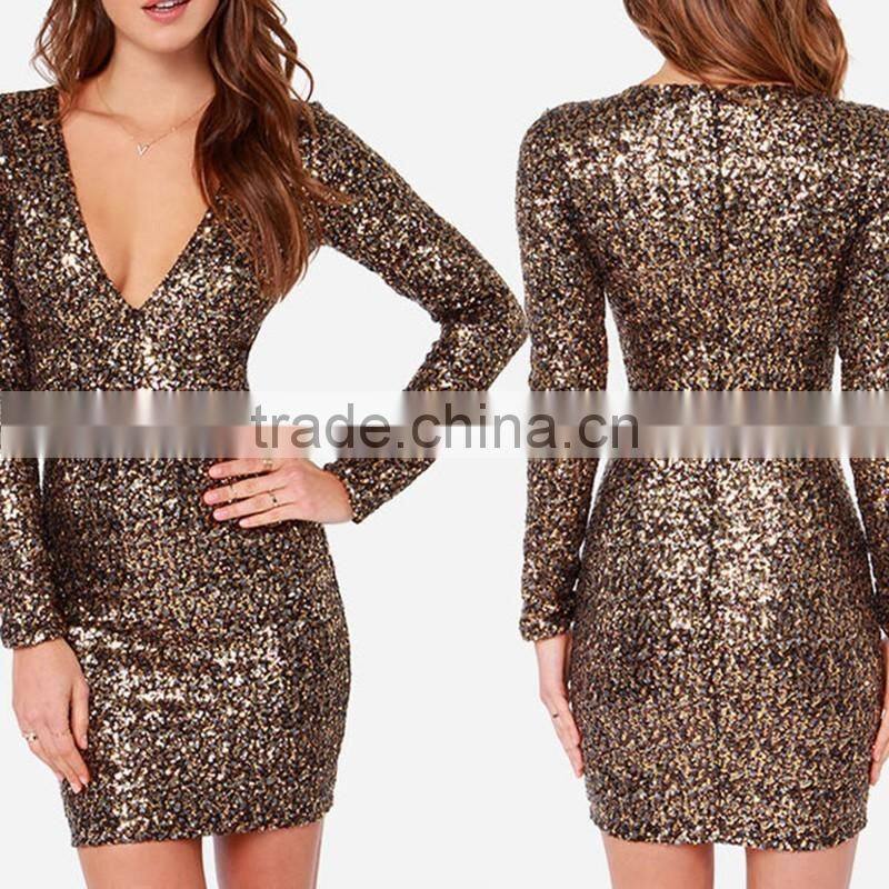 Sexy Women Plunge Neck Long Sleeve Bodycon Zipper Evening Party Cocktail Dress
