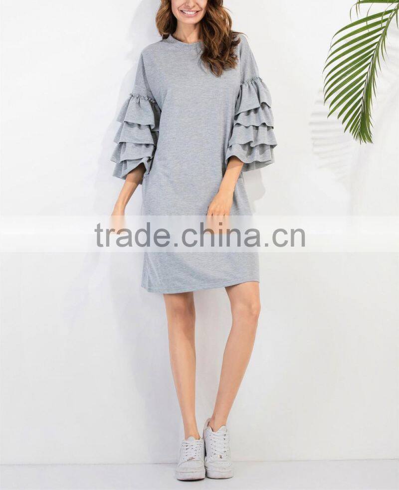 New Style Casual Straight Women Ruffle Sleeve Tee Dress Autumn Fashion Female Knee Length Grey Dresses