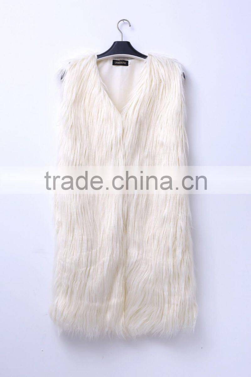Europe style 2016 new fashion design pure color lady long faux fur vest