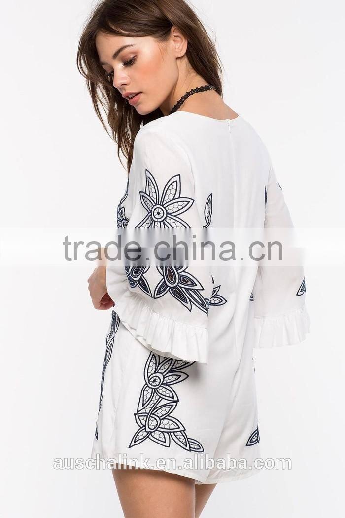 new style girls white bold embroidered floral cheap romper