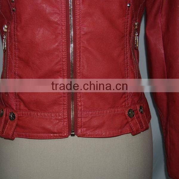 Fashion new ladies red color slim fit leather jacket