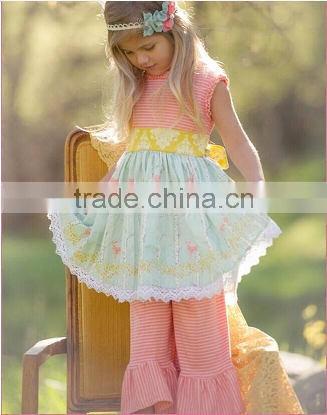 Newest children floral printed ruffled outfit dress top & capris pants set baby cute summer outfit
