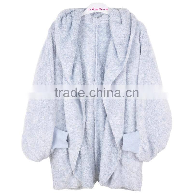 2016 Spring Fashion Oversized Fleece Cardigan Women Two-Tone Open Front Shrug Cardigan polar jacket With Hood And Pocket