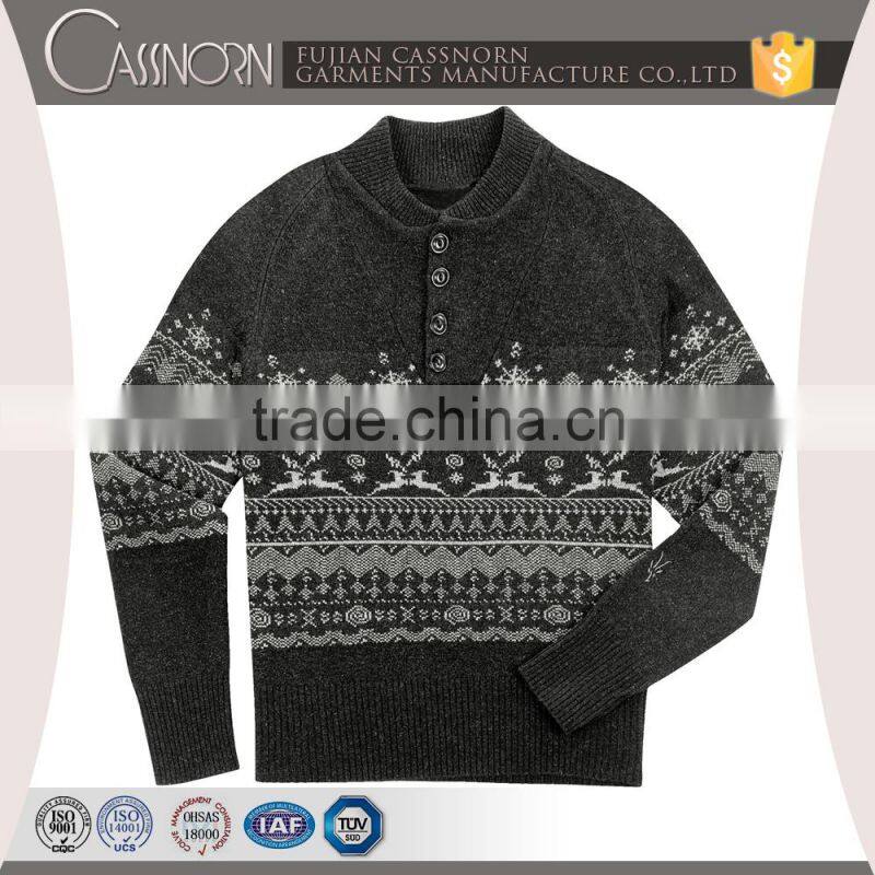 OEM sweater supplier lambswool blend 4 button mock neck mens jacquard sweater