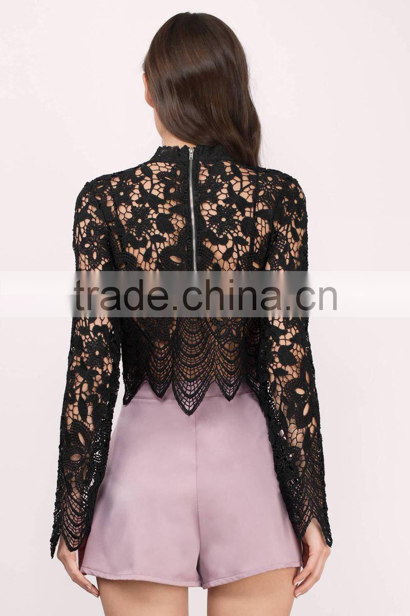 2017 latest fashion design sexy ladies black lace top