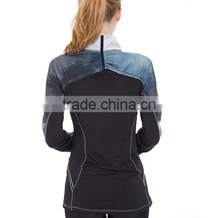 Modern style thumb hole sleeve sublimation printed lady half zipper jacket
