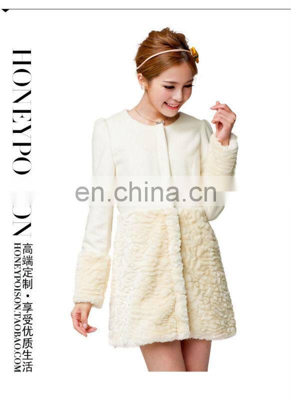 2014 Korean style white midi pattern woollen rabbit fur coat