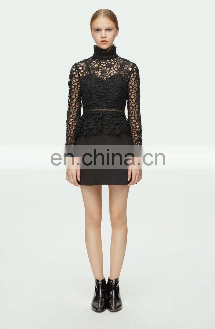 ladies formal wear women long sleeve black pelpum lace turtleneck dresses