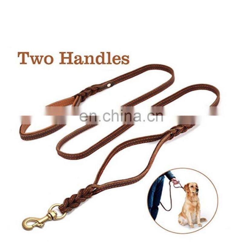 Wholesale Double Handle Dog Leash Copper Hook Leather Rope Dual Pet Leash
