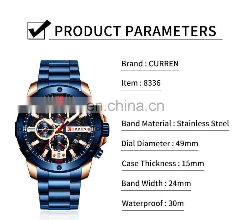 CURREN 8336 Men Chronograph Quartz Fashion Watches 3atm Waterproof Japan Movt Stainless Steel Big Dial Wrist Watch