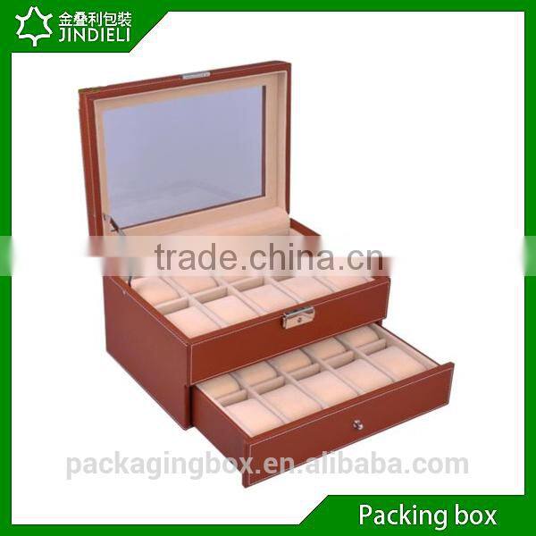 Unique perforated wooden watch display box with drawer glass top