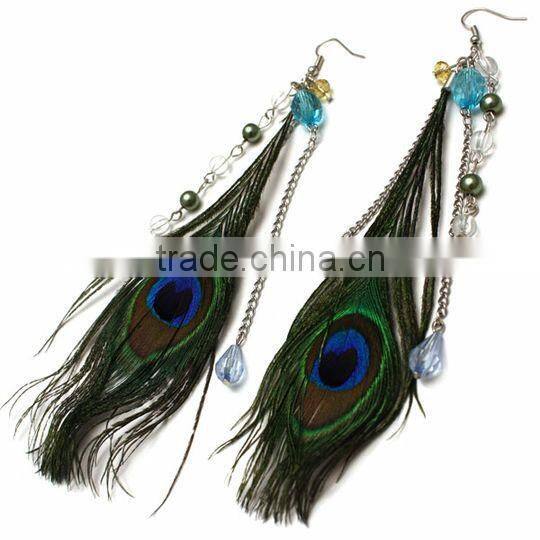 Long natural Peacock feather dangling earrings