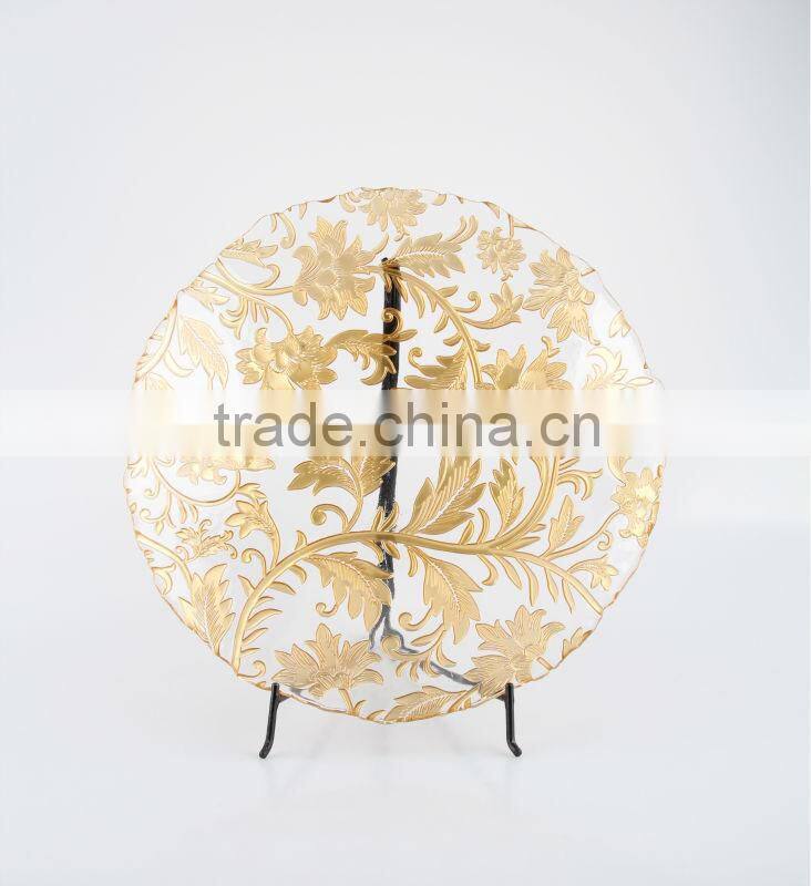 Gold leaves pattern clear glass decor plate