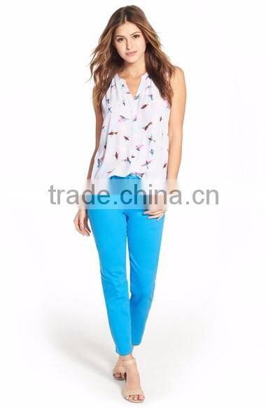 Women Print Pleat Back Split Neck Sexy Sleeveless Blouse Patterns