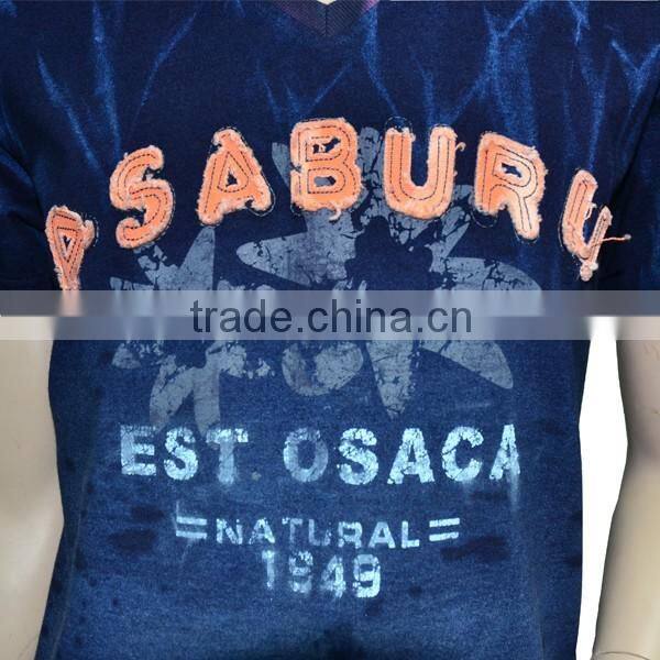 Men's T-shirt Knitted Denim Indigo Blue Cat-Scratch discharge Washed and used effects embroidery and prints