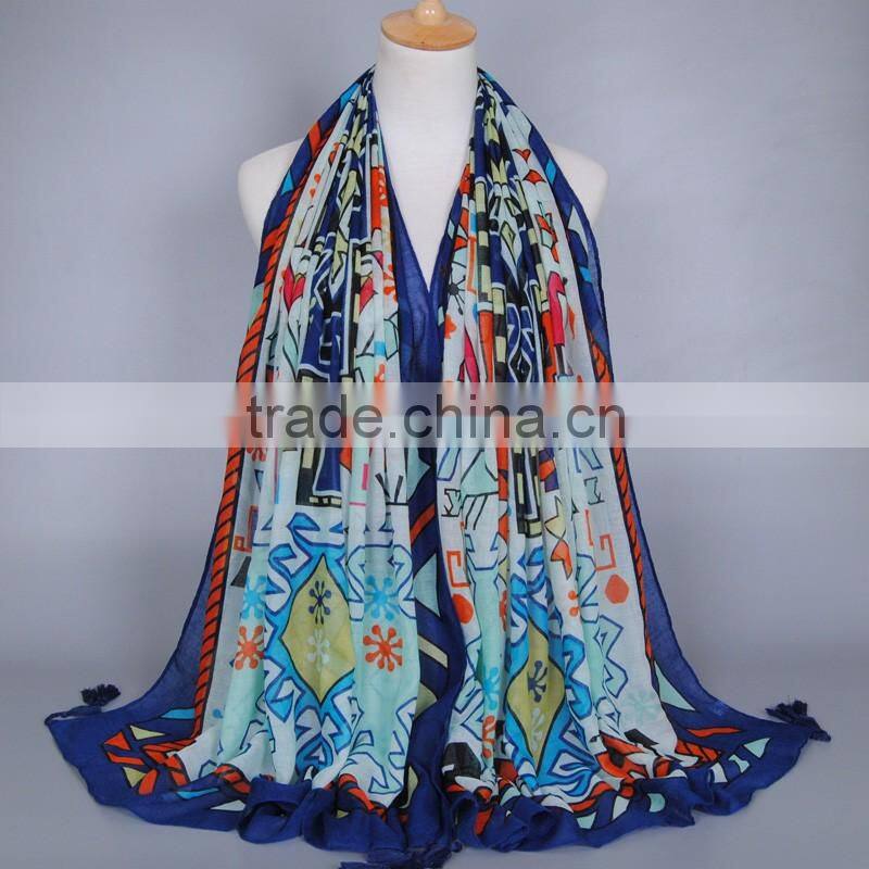 female big flower printed tassel scarf autumn popular cotton voile shawls wrap head pure muslim scarves/ pashmina