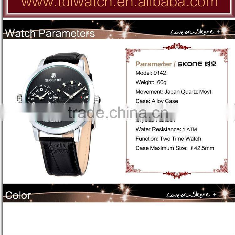 SKONE 9142 White Dial Black Leather Band water proof water resistant watch