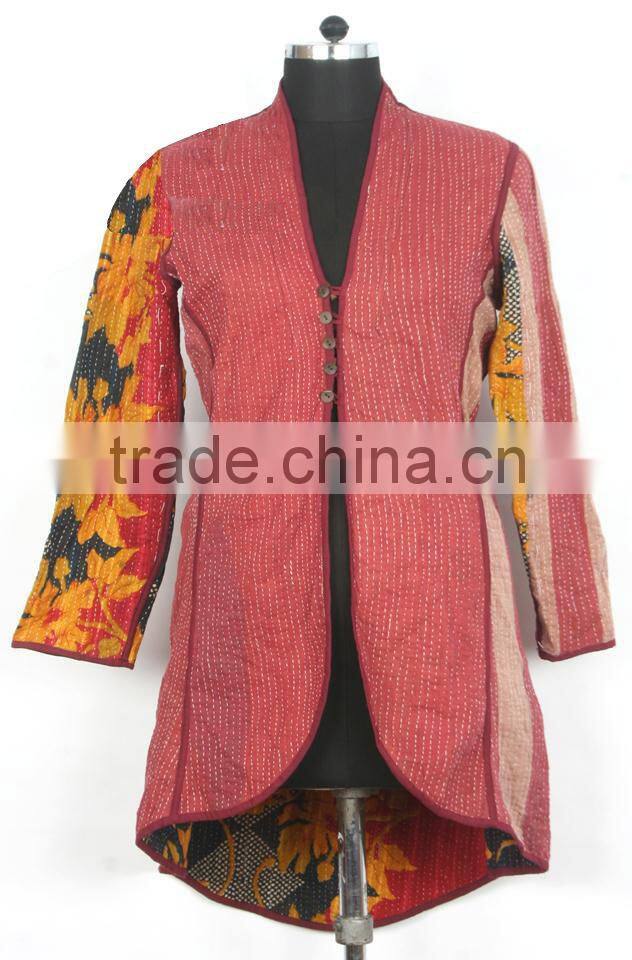 RTHCJ-22 Green Vibrant Color reversible cotton kantha Winter Jackets For Girls Abstract Designer Print Full sleeve size Jaipur