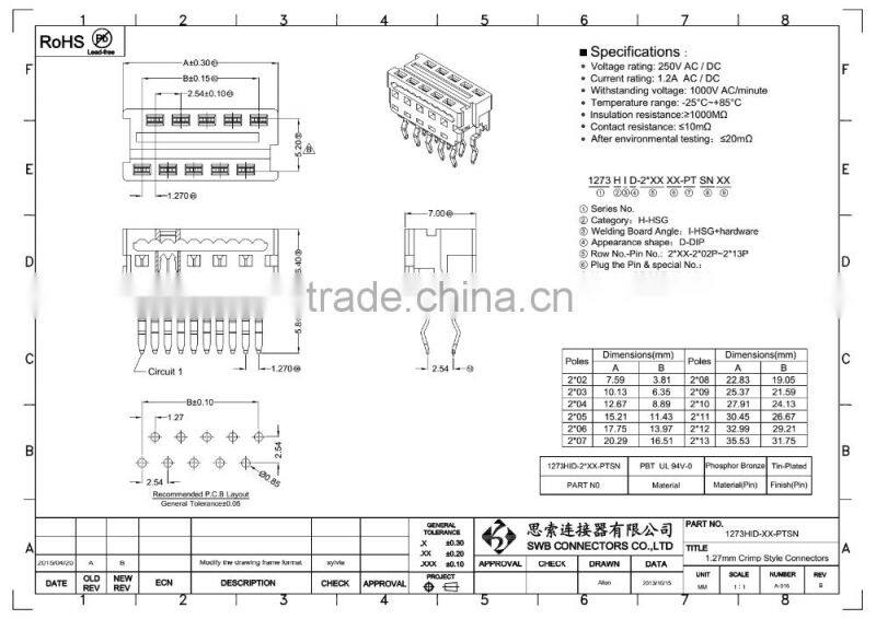 1.27MM Pitch wire to board electric socket connectors DIP