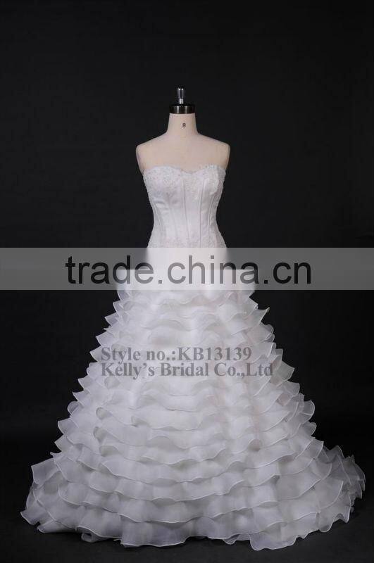 Appliqued lace with layered ruffle organza alibaba wedding dress