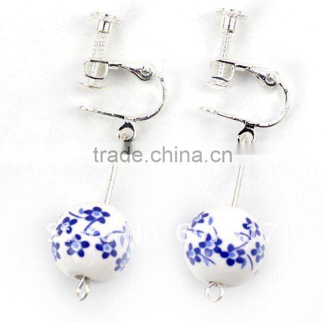 blue flower printed Qinghua porcelain ball shaped drop earings with clips