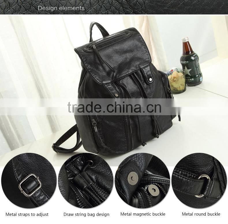 Fashion leisure black PU bag custom wholesale lady black leather backpack