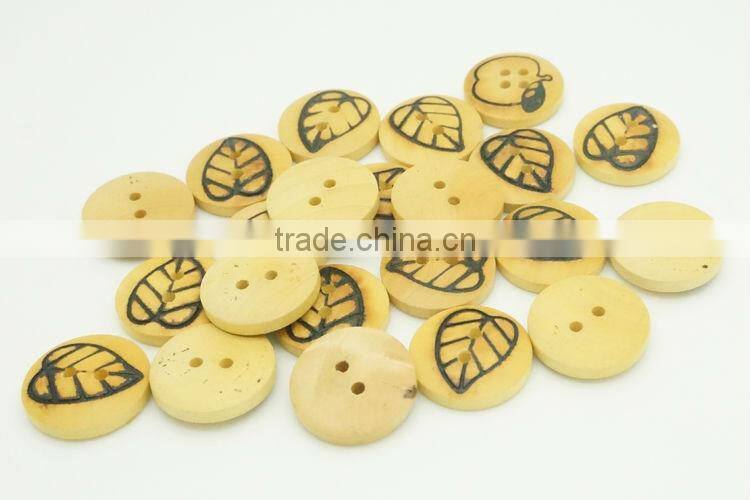 2 Holes High Quality Natural Wood Button with Leaf Figure Printed On