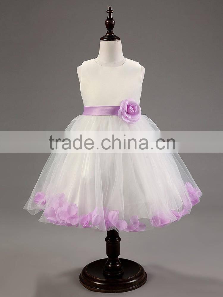 New Cute Sleeveless O-Neck Waist Flower Back Bow Petal Hem Cute Dress Communion Flower Girl Pageant Illusion Petal Dress