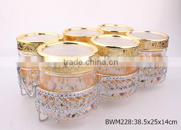 6pcs glass jar set with decal in a silver rack