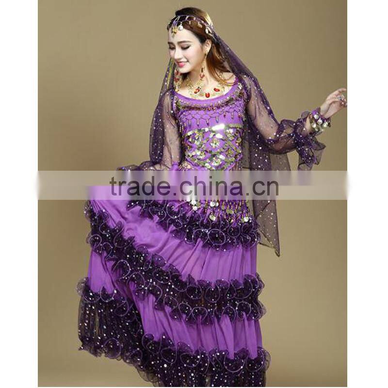 Professional Long Pleated Sexy Egyptian Style Belly Dance Costume for girls