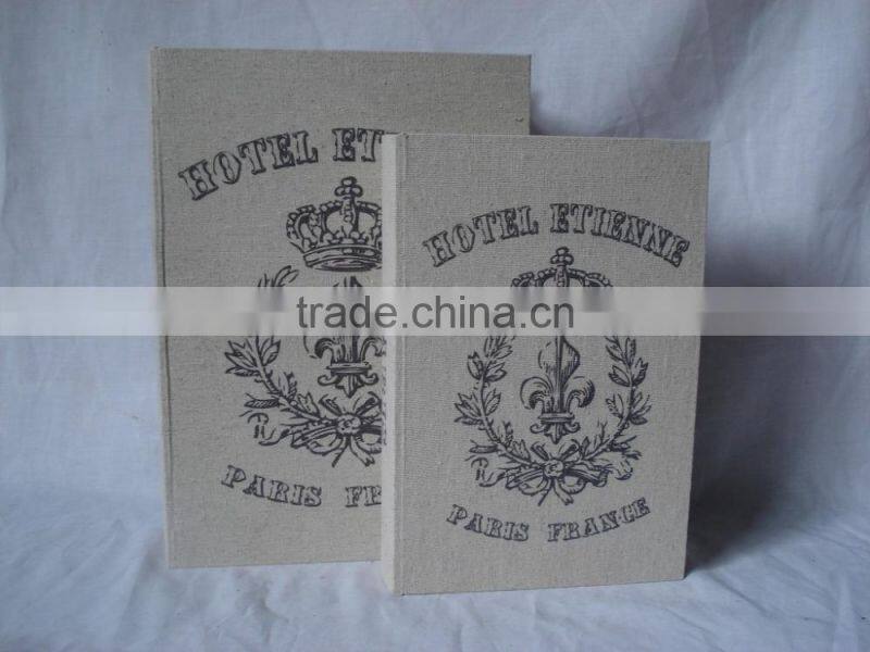 Antique wooden book box with linen printing covered