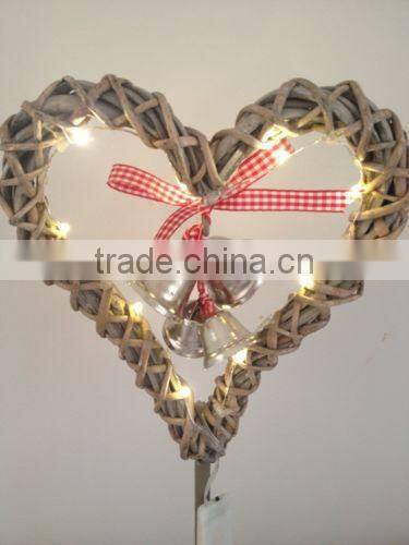 woven natural colored wicker heart shaped light decoration with stand for christmas & garden decoration