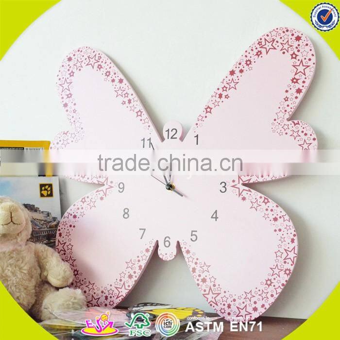 2017 wholesale pink butterfly wooden kids wall clock best design kids wall clock new wooden kids wall clock W09D019