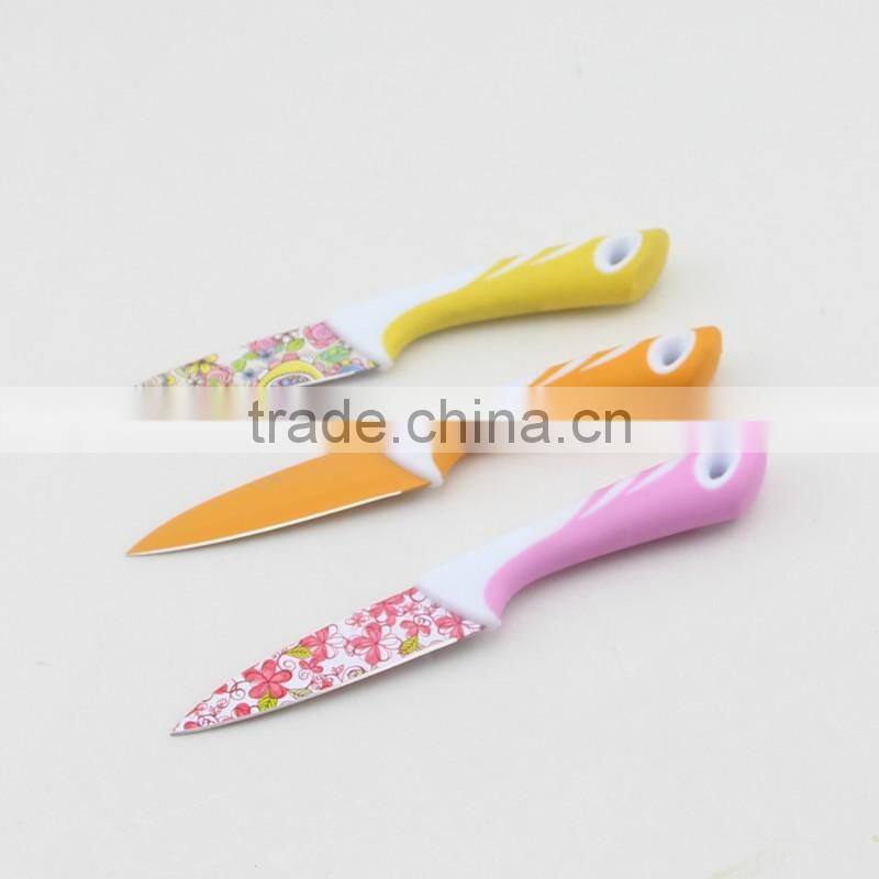 Flower Pattern Blade Non Stick Coating Paring Knife with Rubber Handle