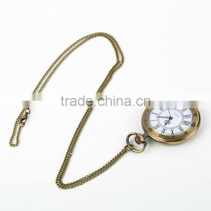 Antique Quartz Watch Bronze Roman Numerals Chain Necklace Pendant Quartz Empty Pocket Watch