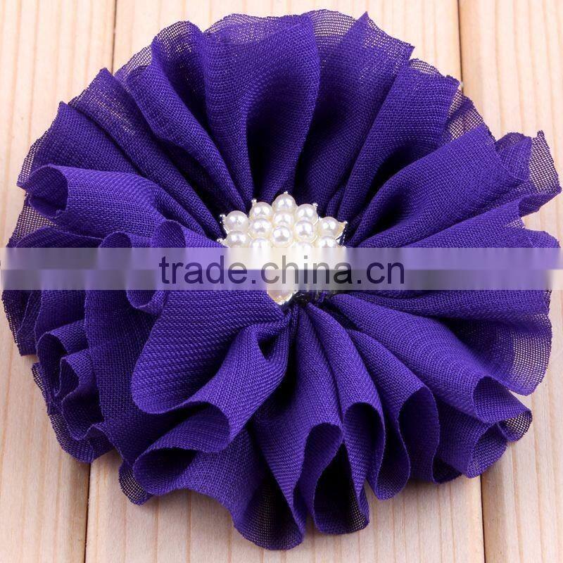 hot cutting chiffon flower with pearl bead center for kids hair accessories