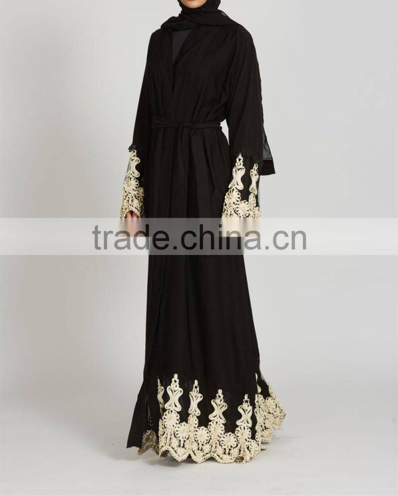 Dubai clothing OEM Beautiful lace detailing Pop up buttons Cream Lace Open Jacket Abaya