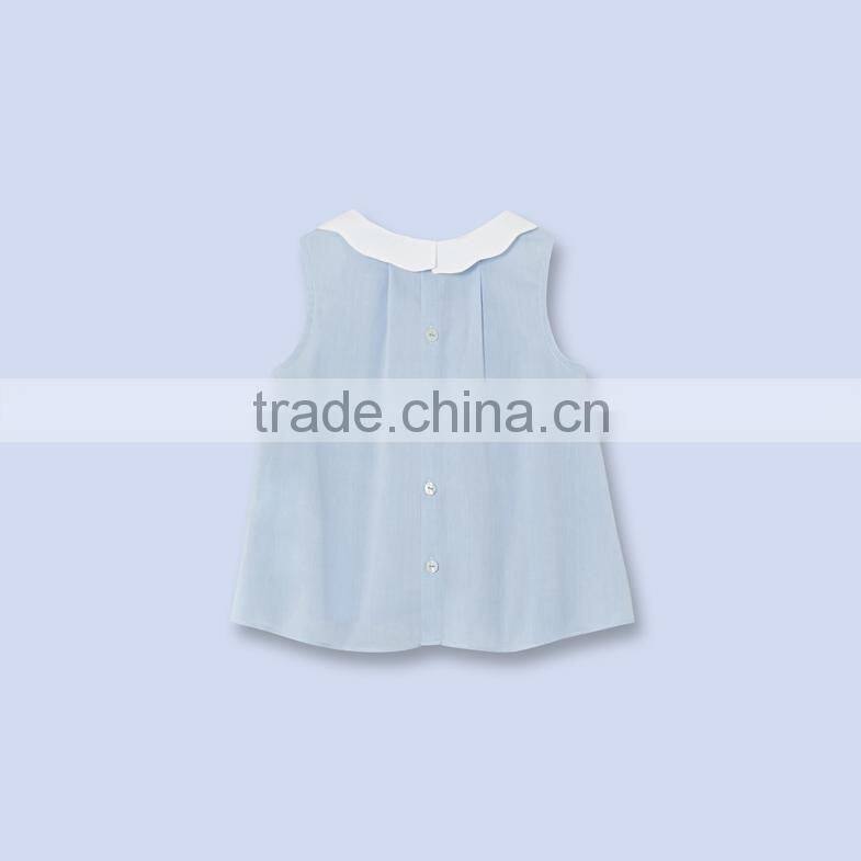 2017 wholesale fashion latest styles children clothes blue sleeveless ruffle designs blouse/shirts