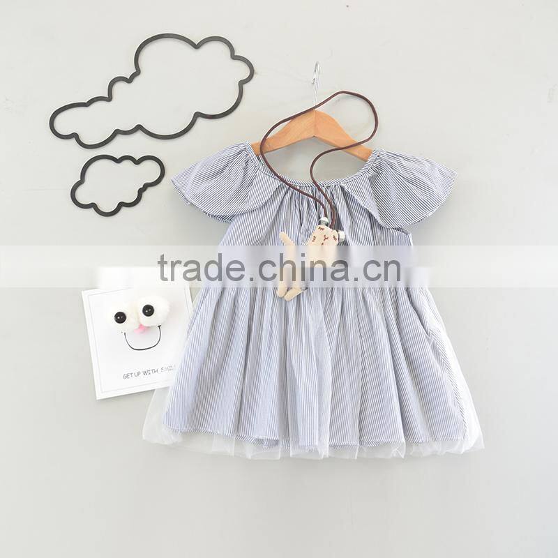 Fairy Dress Light Sky Blue and White Stripes Child Flutter Sleeve Summer Frock Chiffon Skirt