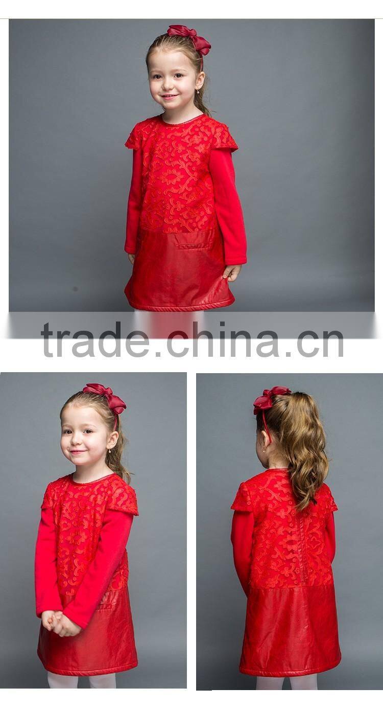 2017 New Arrival Girls Casual Party Dress Together With Leather Girls Long Sleeve Frock