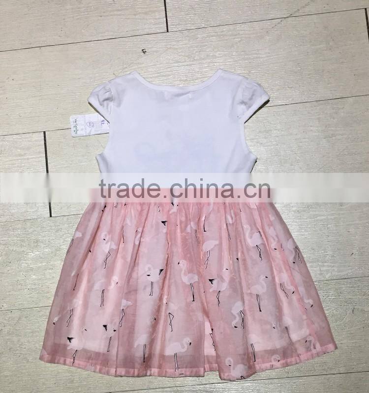 2017 Wholesale Cotton Spandex with Printing Dress Contrast Organza Skirt Part Cute Childrenswear
