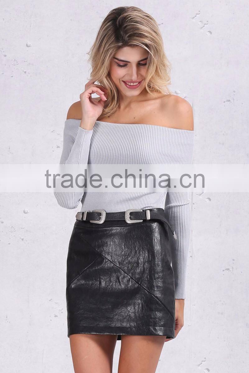off shoulder elastic spring sweater women Short gray lapel pullover sexy white jumpers Autumn knitwear top