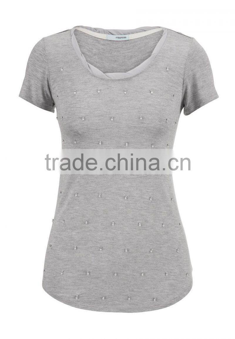 Plain Gray Stylish O Neck Short Sleeves Women Beads Rhinestone T Shirt 2015