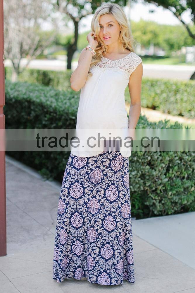 PLUS SIZE CLOTHING NAVY BEIGE PINK DAMASK PRINTED MATERNITY MAXI SKIRT